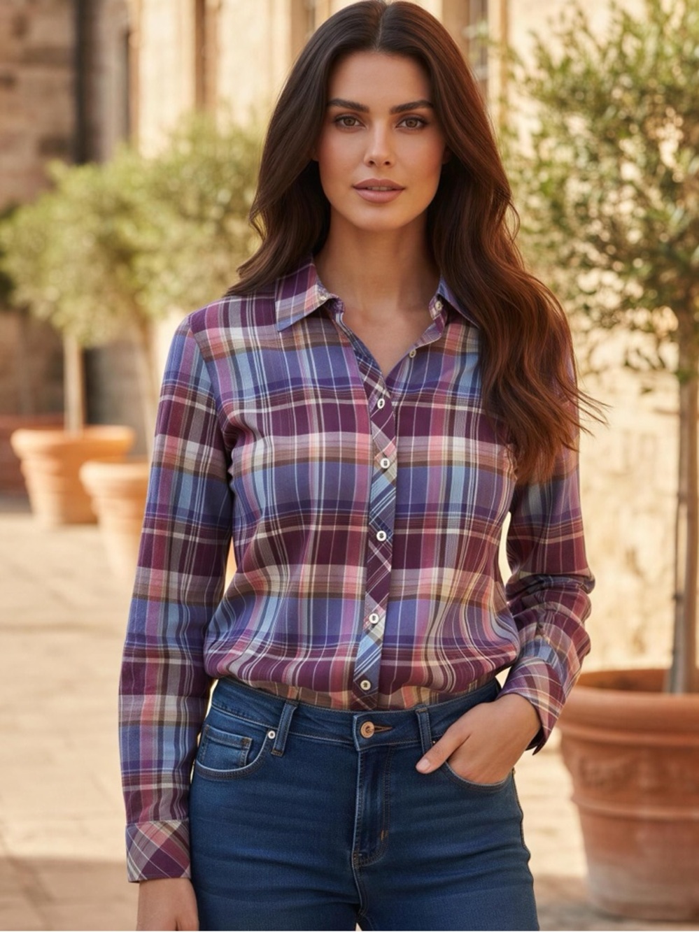 Talbots Purple Plaid Button-Down Shirt with Metallic Gold Stitching Size M NWT